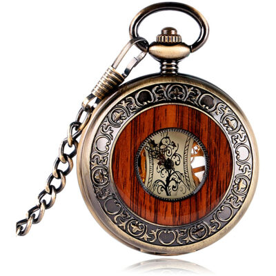 RELOJ BOLSILLO CUERD BRONCE TAPA ARO MADERA VISTA