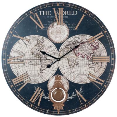 RELOJ PARED 58 CM. MAPAMUNDI NEGRO CON PENDULO