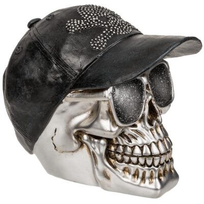 HUCHA CALAVERA PLATA CON GORRA NEGRA - Imagen 3