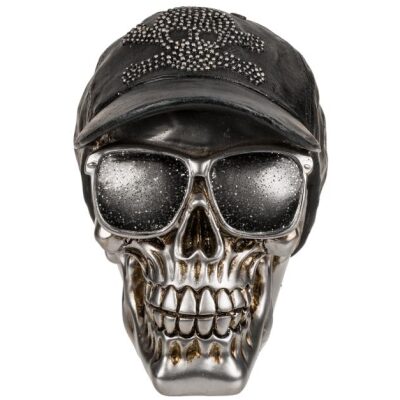 HUCHA CALAVERA PLATA CON GORRA NEGRA