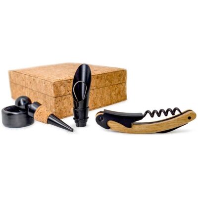 SET VINOS 4 PZAS. ACERO NEGRO CAJA CORCHO