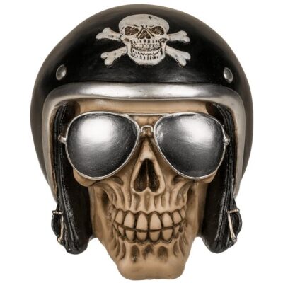 HUCHA CALAVERA MOTORISTA CASCO NEGRO CON GAFAS