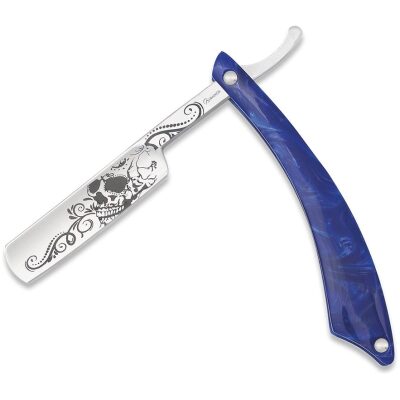 NAVAJA BARBERA NACAR AZUL MX SKULL HOJA 14 7 cm