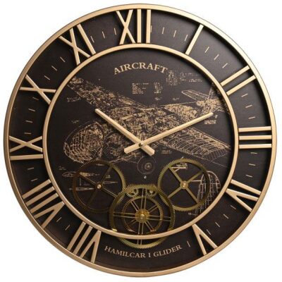 RELOJ PARED 52 CM  METAL DORADO MAQUINARIA-AVION