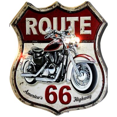 CHAPA PARED RUTE 66 ESCUDO CON MOTO 30X35 CM