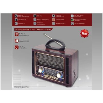 RADIO VINTAGE EFECTO MADERA CON ASA USB  29X17CM