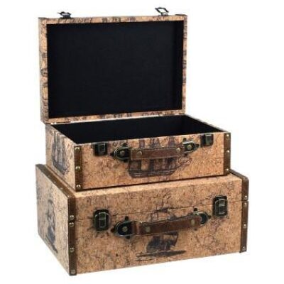 SET 2 CAJAS MALETAS BARCO EN CORCHO