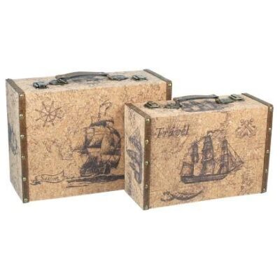 SET 2 CAJAS MALETAS BARCO EN CORCHO