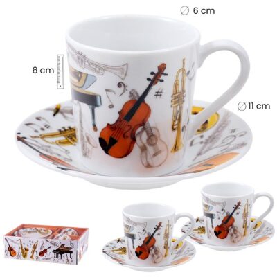 SET 2 TAZAS CAFE PLATOS INSTRUMENTOS MUSICALES