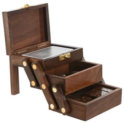 MULTIJUEGOS CAJA MADERA ESCALERA CARTAS DOMINO DAD