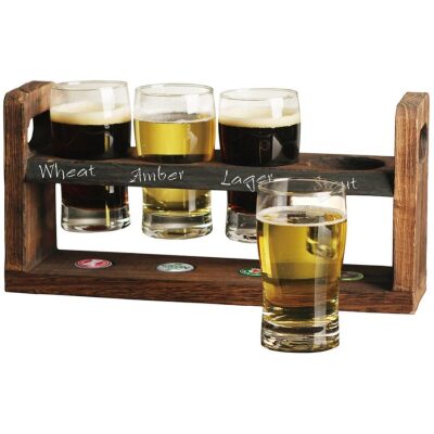 SET CATA CERVEZAS  BASE MADERA 4 VASOS