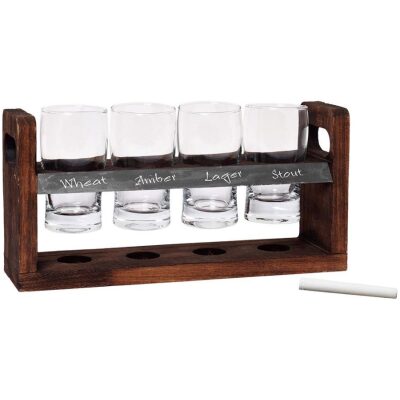 SET CATA CERVEZAS  BASE MADERA 4 VASOS