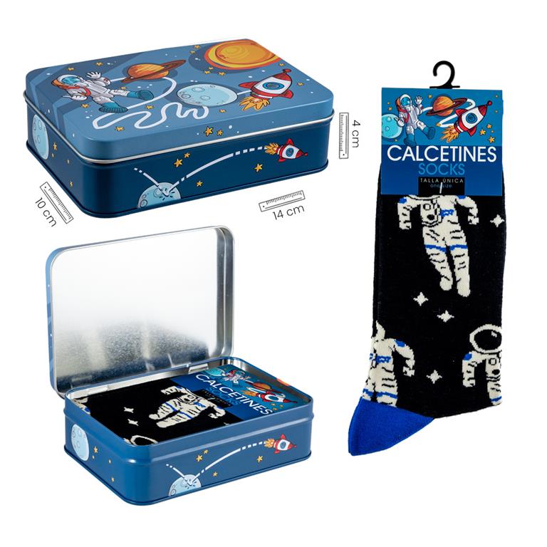 CALCETINES NEGROS ASTRONAUTA CAJA LATA DECORADA