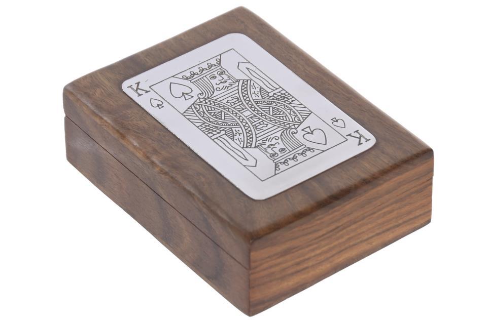 CARTAS CAJA MADERA FRENTE METAL REY DE PICAS