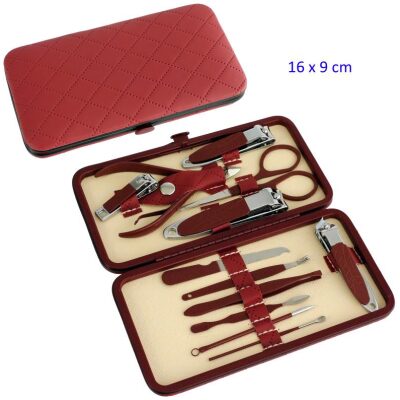 SET MANICURA 12 PZAS ESTUCHE ACOLCCHADO ROJO